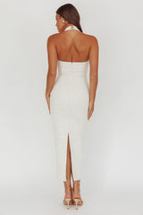 She Is Button Front Halter Midi Dress Tweed White