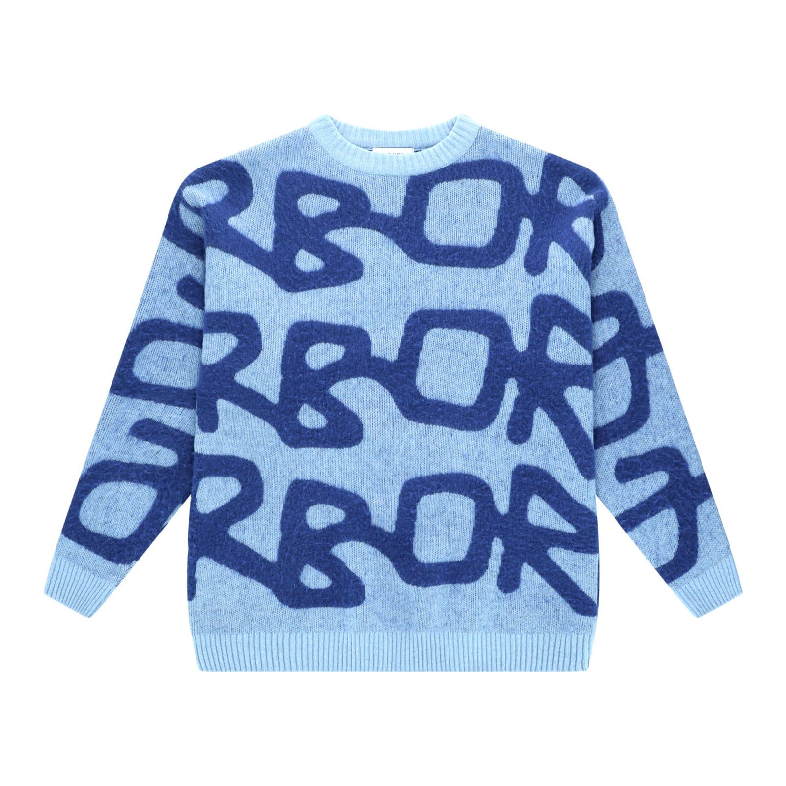 Arbor Antwerp Big Logo Alpaca Knit Blue pull en maille bleu avec grand logo Arbor Antwerp tricoté.