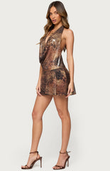 Edikted Printed Mesh Metallic Cowl Neck Mini Dress