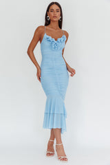 Nadia Ruffle Neckline Ruched Midi Dress Blue