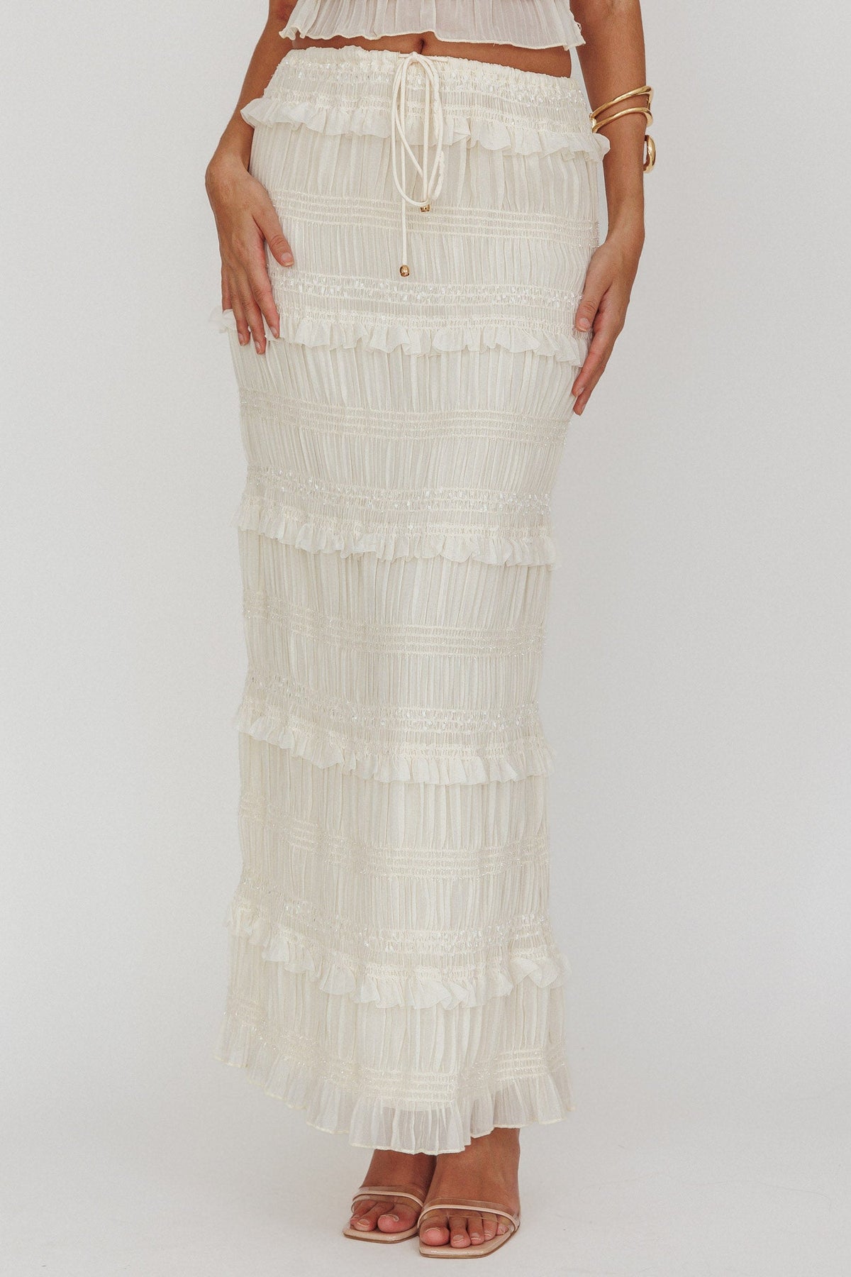 Helios Shirred Sequin Maxi Skirt Beige