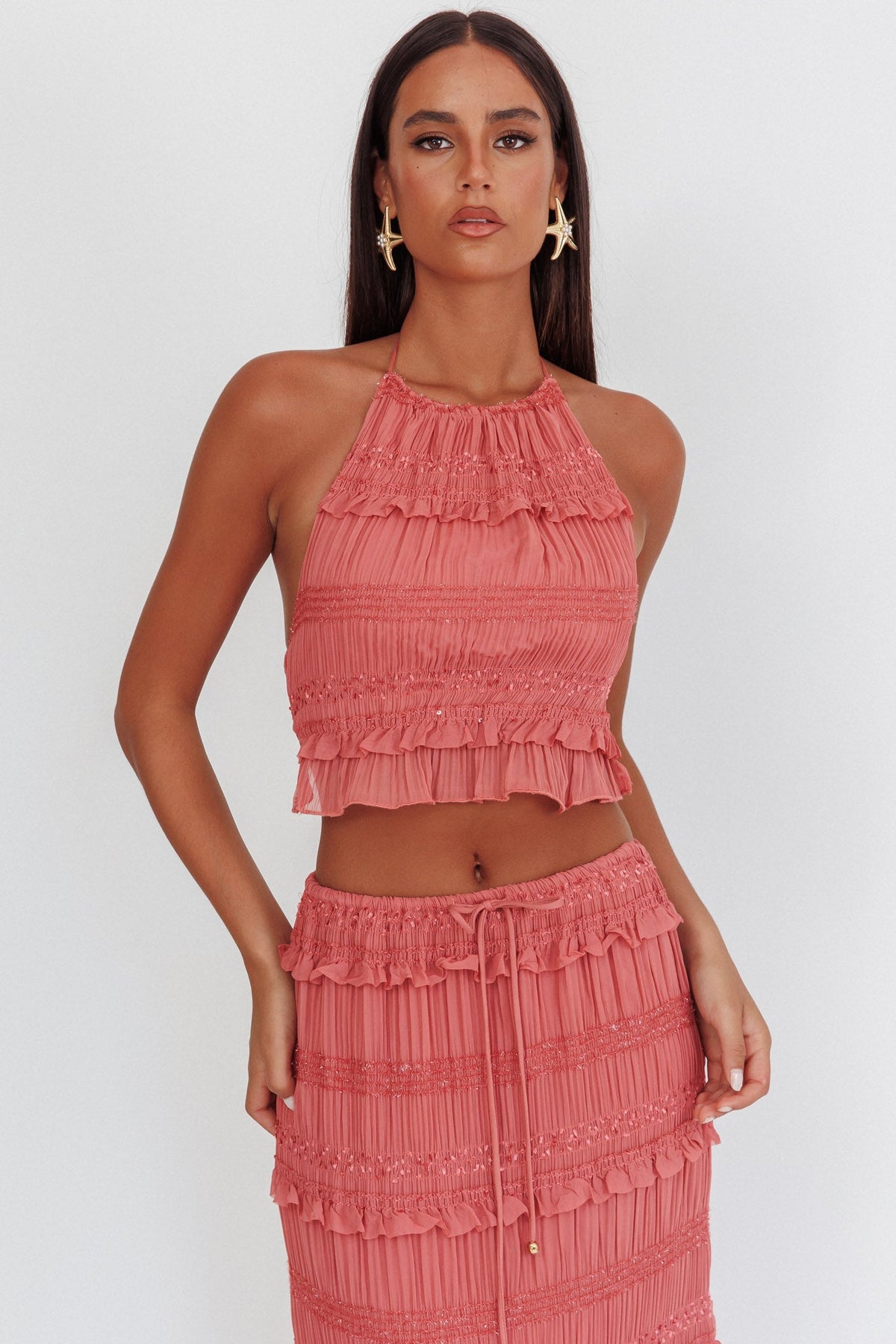 Helios Halterneck Shirred Sequin Top Rose