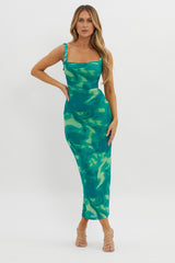 Dream Crush Lace-Up Back Side Split Maxi Dress Swirl Green
