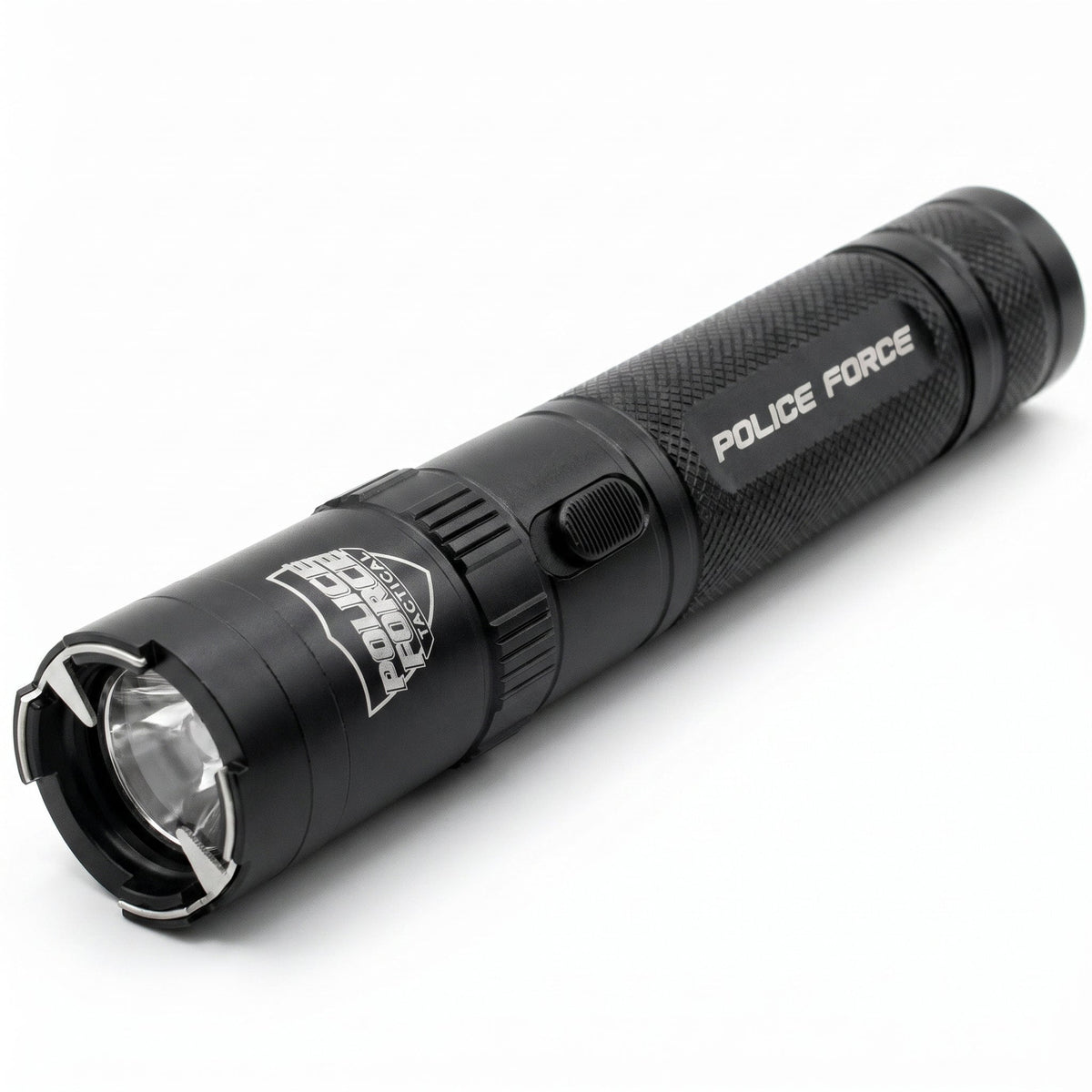 A hand holding a Police Force Tactical Stun Gun Flashlight Black 9.2M