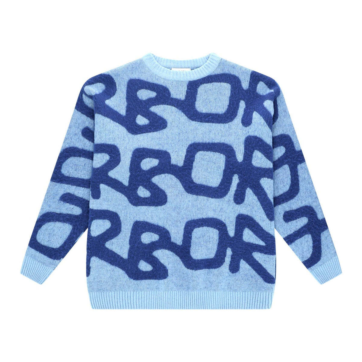 Arbor Antwerp Big Logo Alpaca Knit Blue pull en maille bleu avec grand logo Arbor Antwerp tricoté.